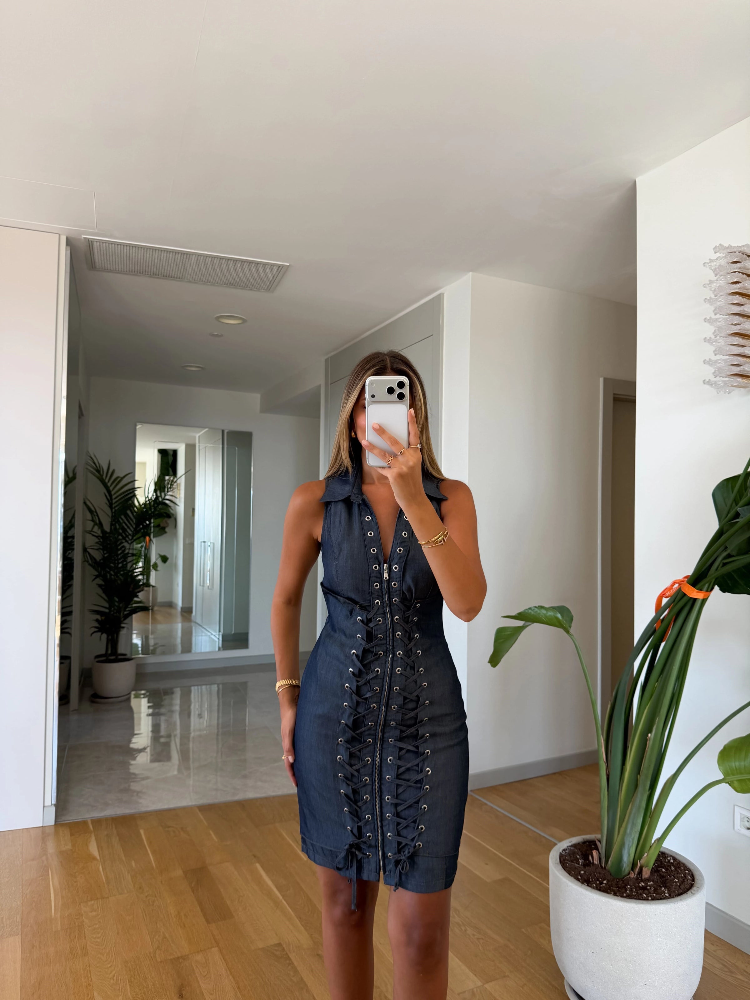 Indigo Lace-Up Mini Dress
