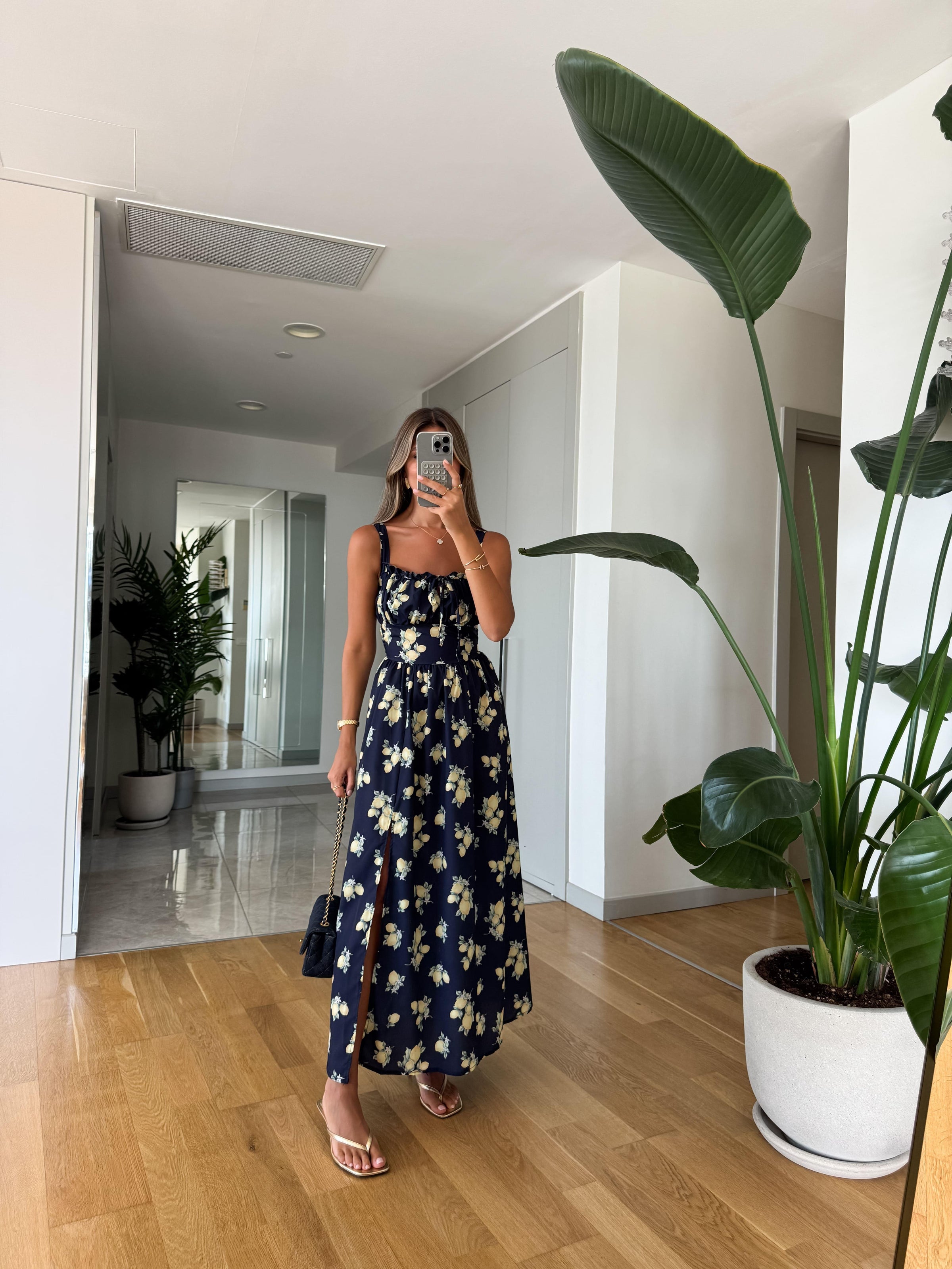 Lemon Print Sun-Kissed Midi Haljina