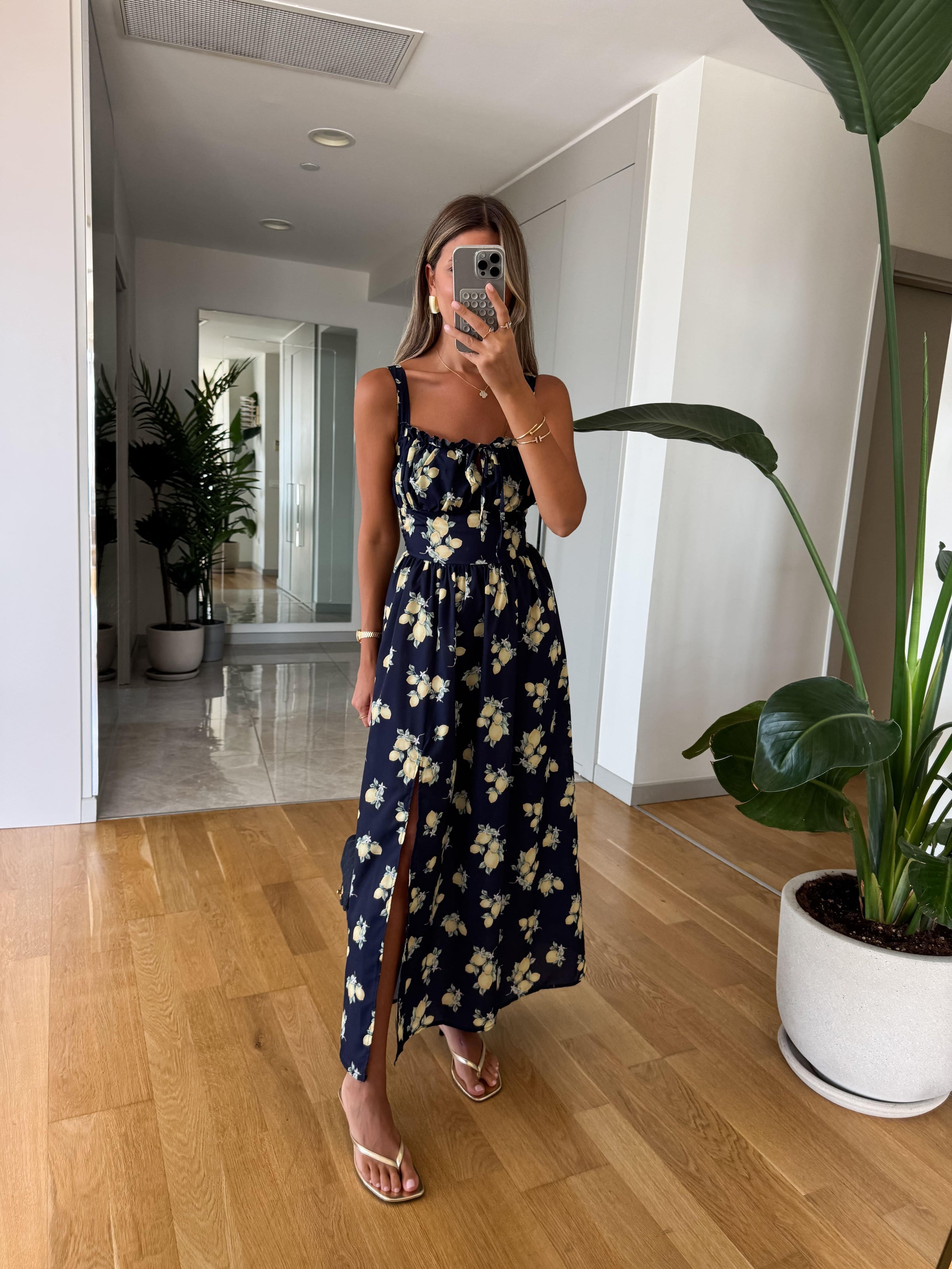 Lemon Print Sun-Kissed Midi Haljina