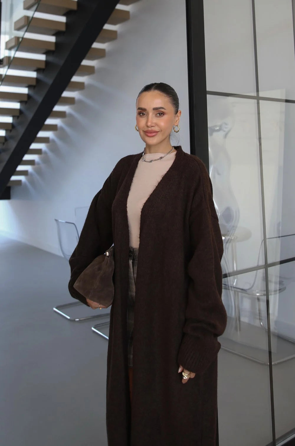 LUXE WOOL LONGLINE CARDIGAN – CHOCOLATE 3