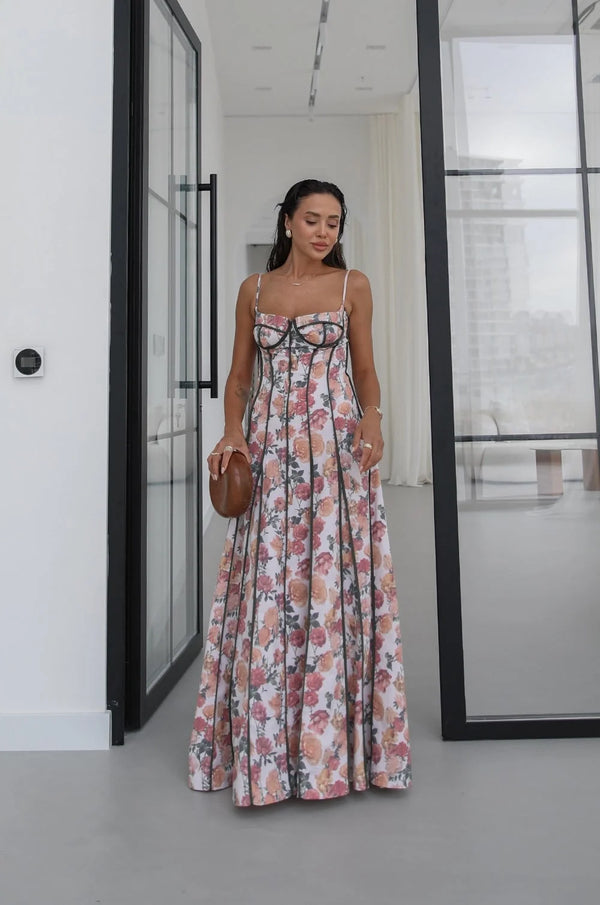 Rose Print Piping Corset Maxi Dress