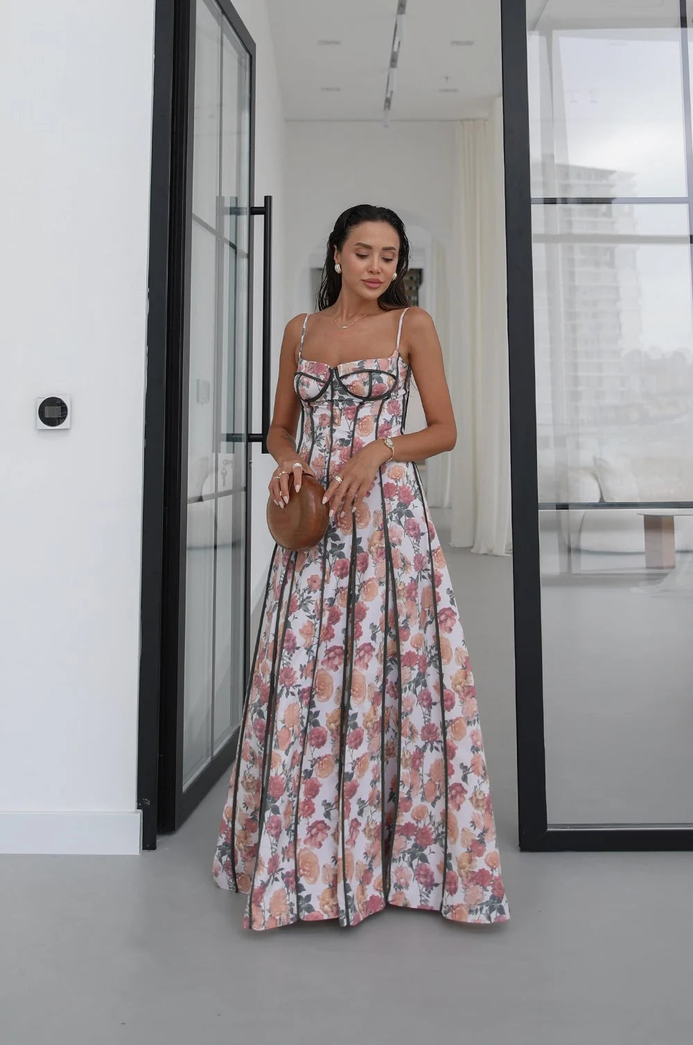 Rose Print Piping Corset Maxi Dress