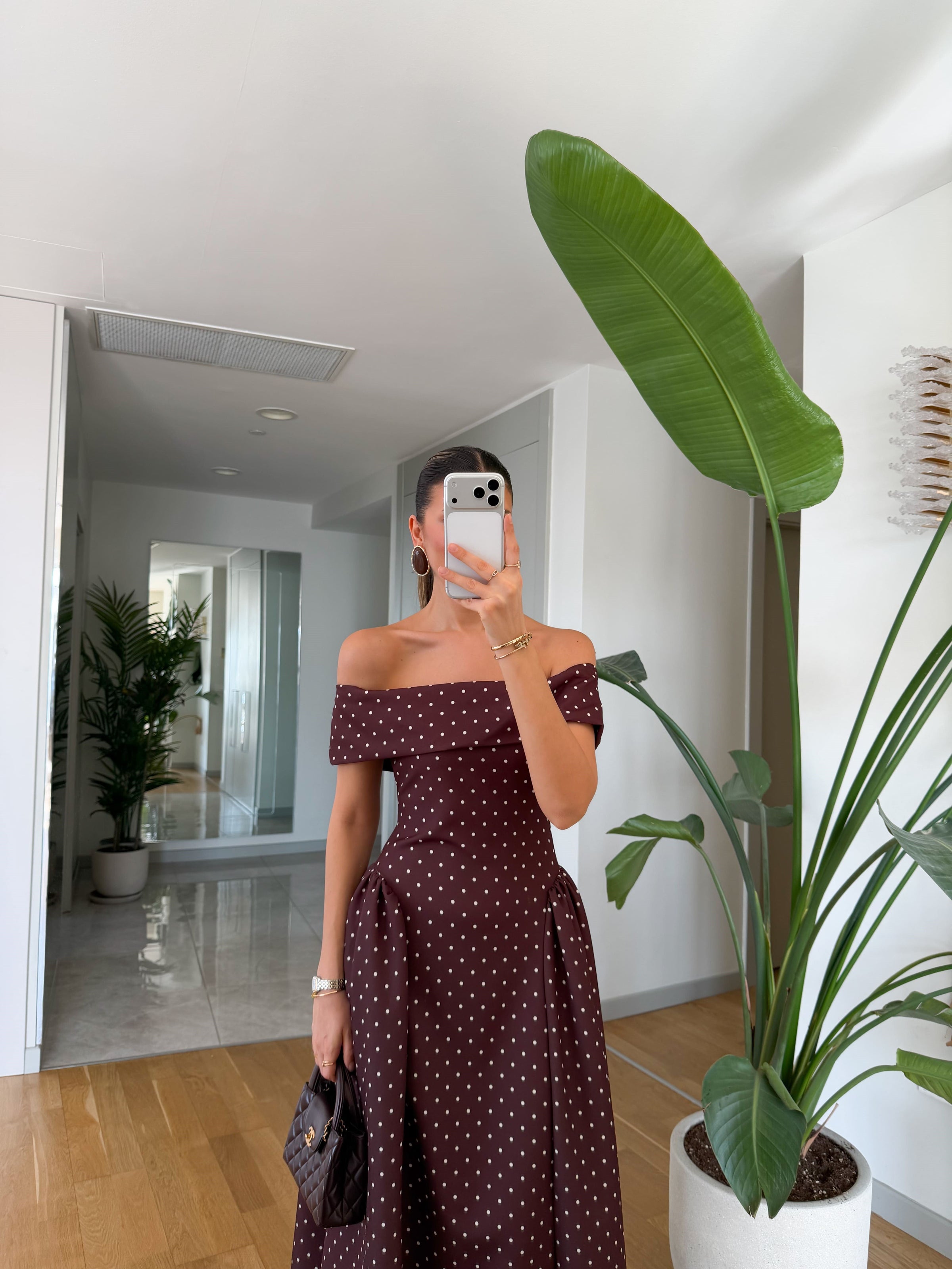 Polka Dot Madonna Midi Haljina - braon boja