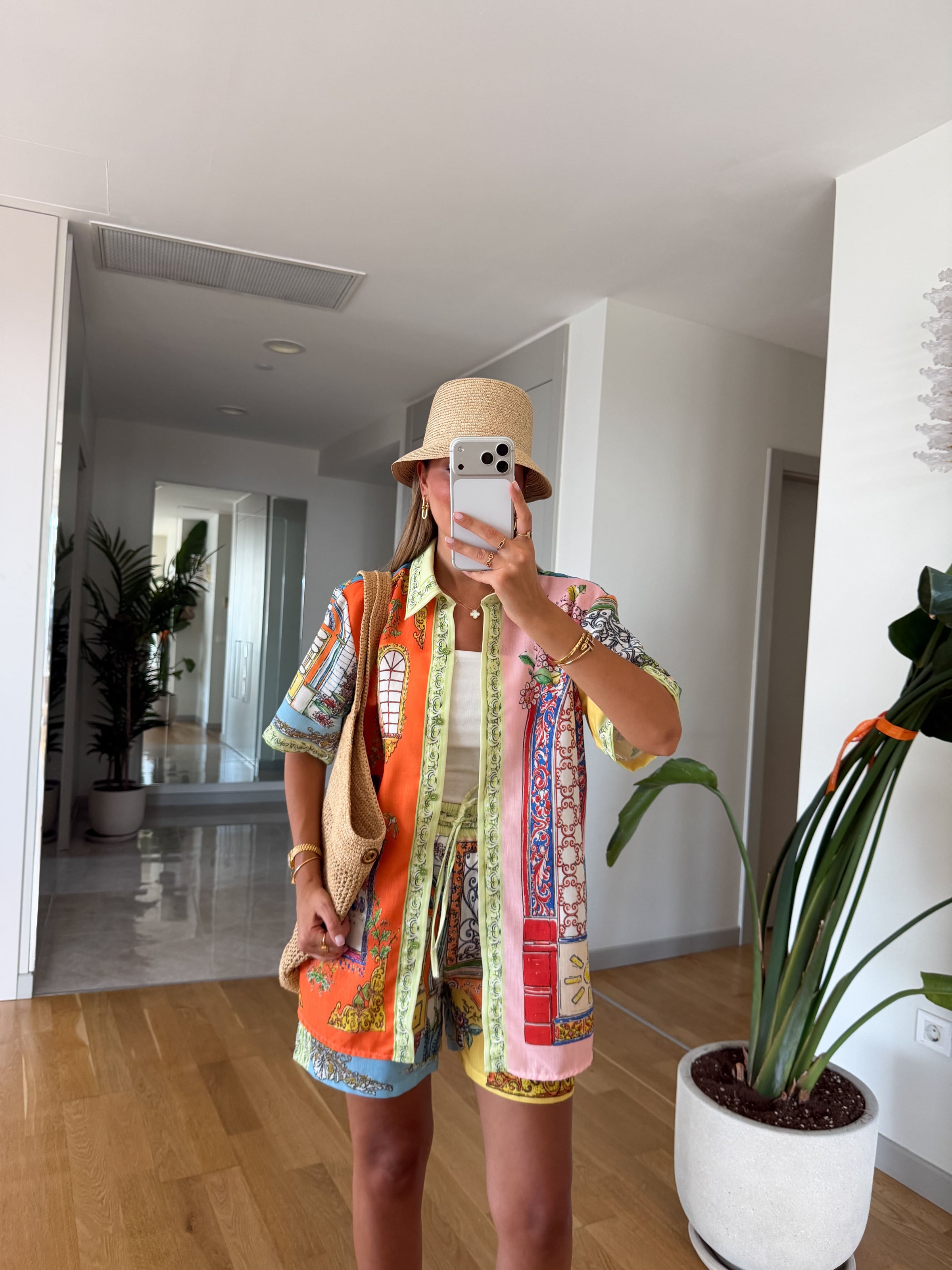 Colorful Patterned Linen Shorts Set