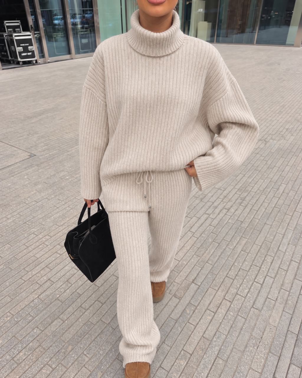 RIBBED KNIT LOUNGE SET - BEIGE