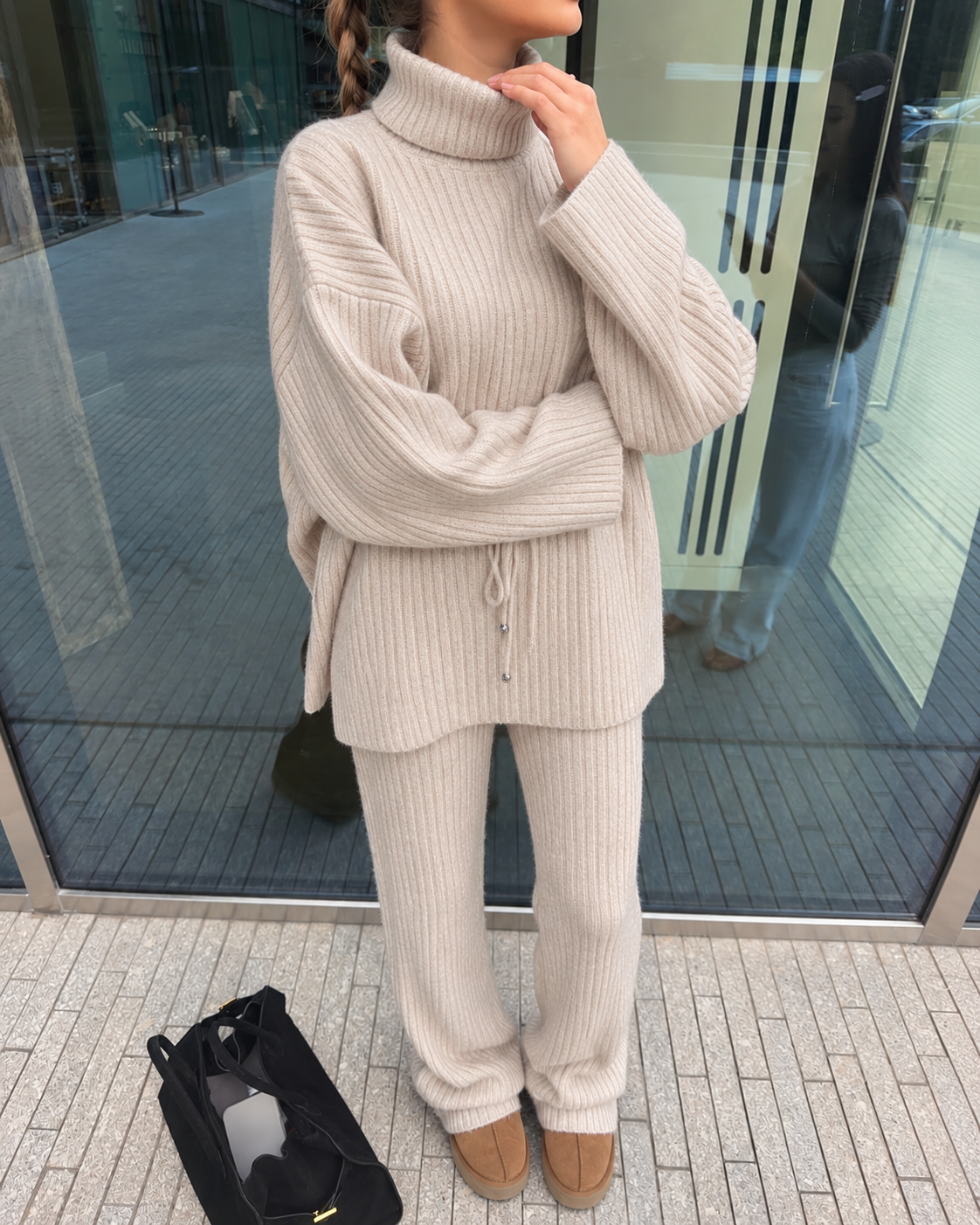 RIBBED KNIT LOUNGE SET - BEIGE