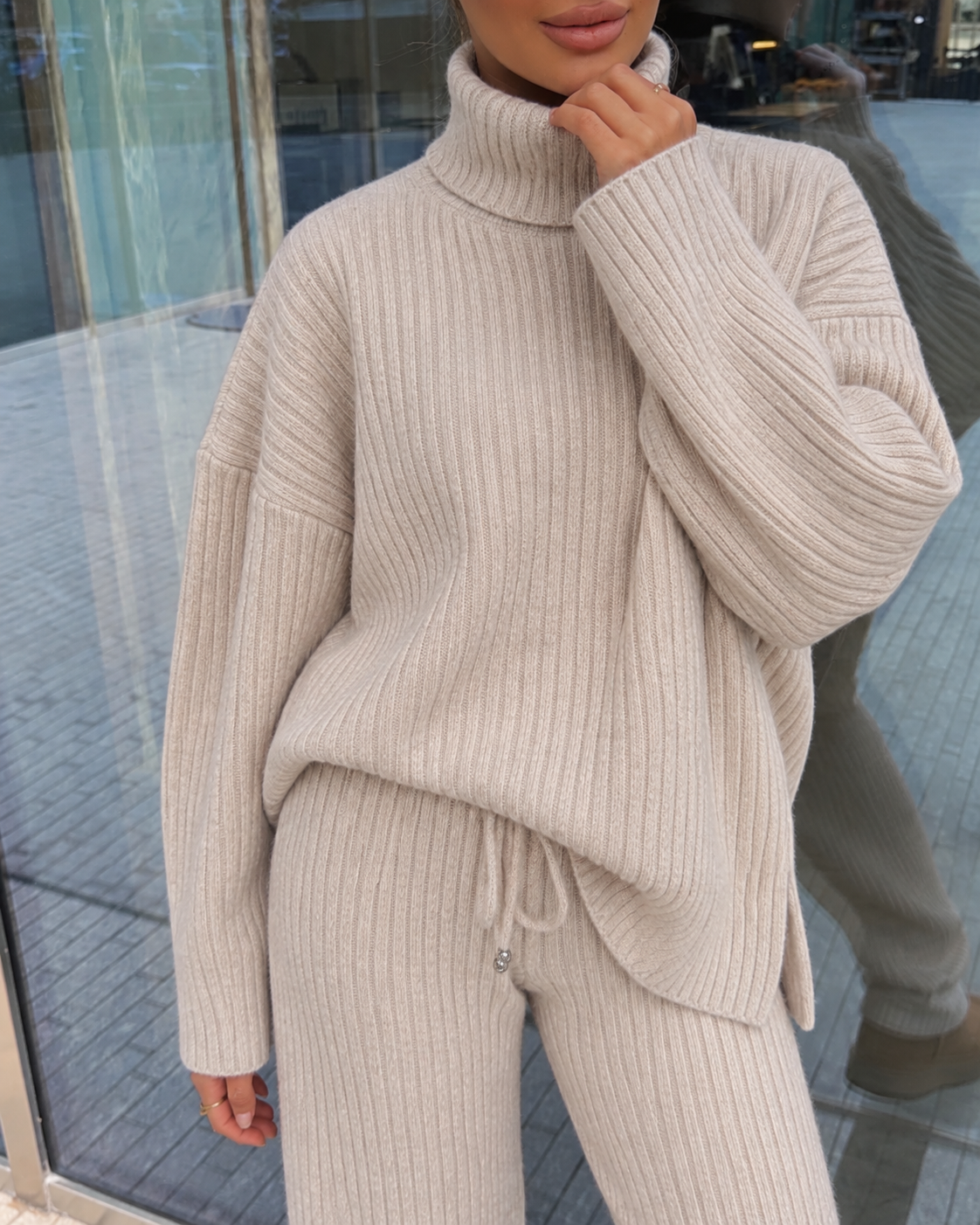 RIBBED KNIT LOUNGE SET - BEIGE