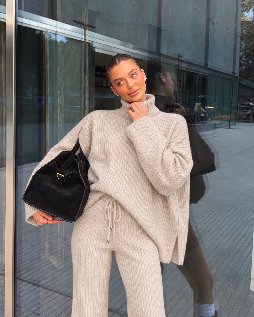 RIBBED KNIT LOUNGE SET - BEIGE