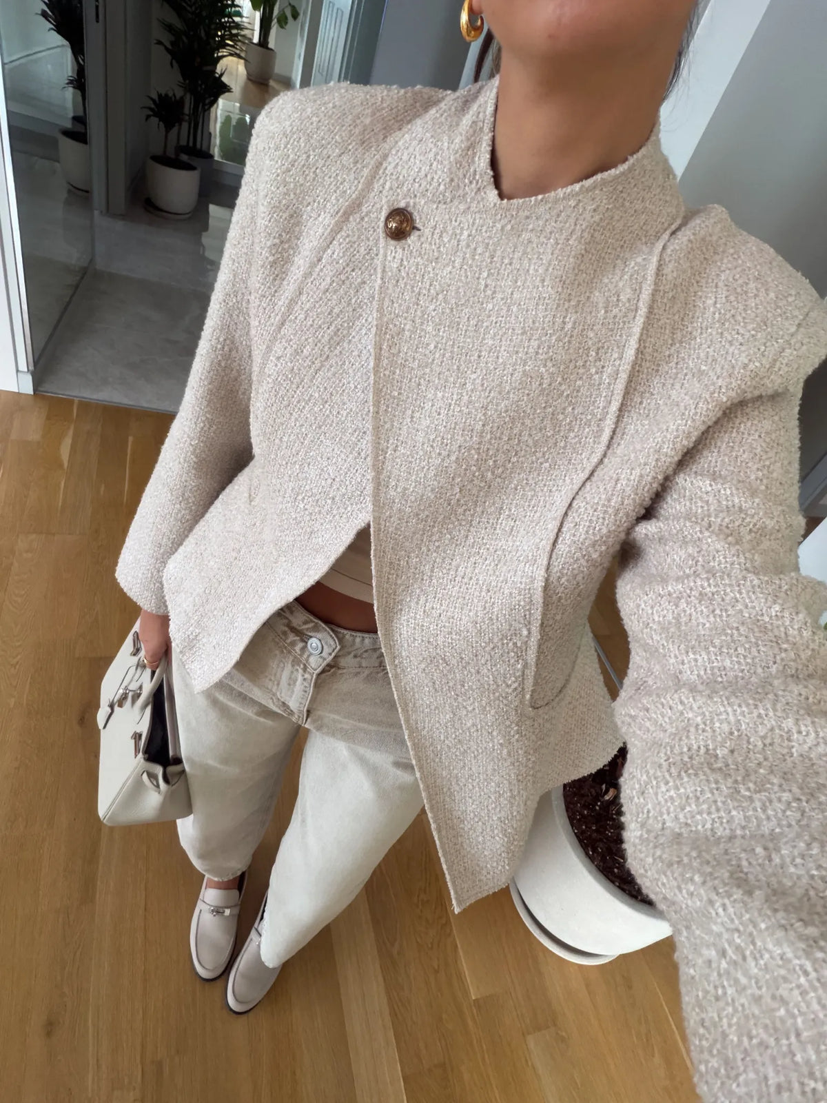 STRUCTURED TWEED BLAZER – Beige detalj