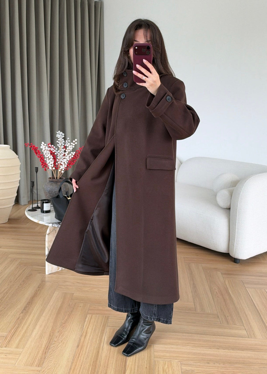 PREMIUM WOOL BELTED LONG COAT – CHOCOLATE BROWN
