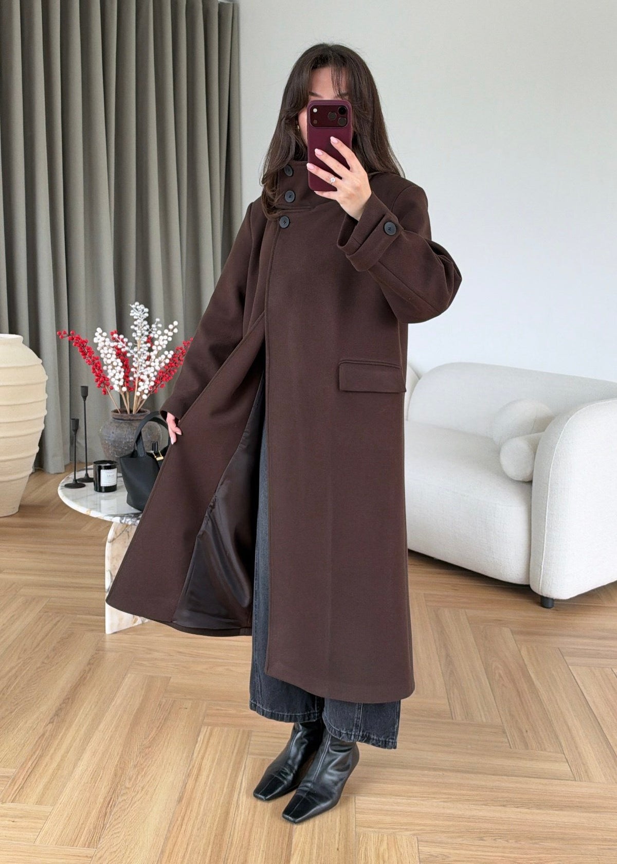PREMIUM WOOL BELTED LONG COAT – CHOCOLATE BROWN