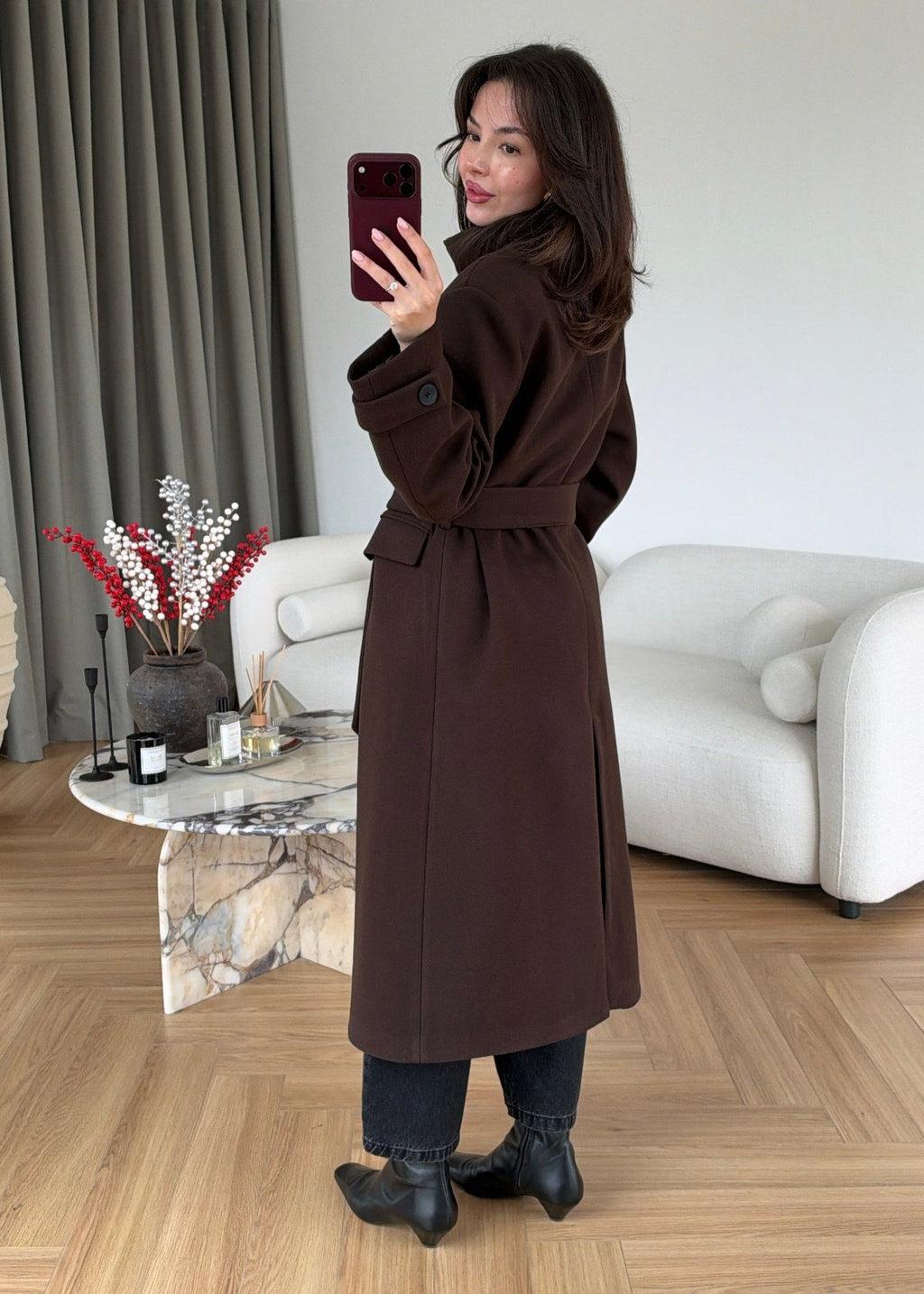 PREMIUM WOOL BELTED LONG COAT – CHOCOLATE BROWN