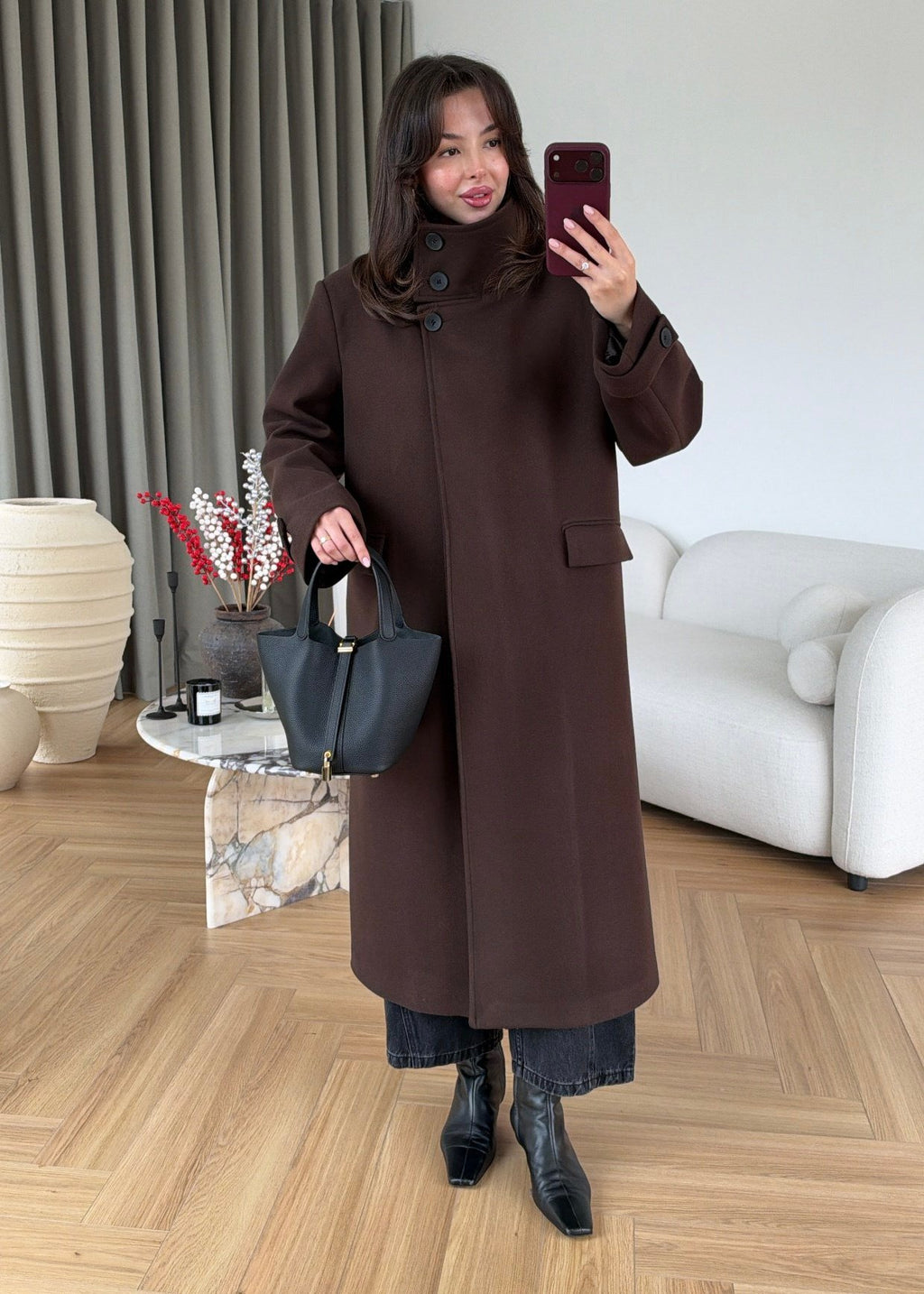 PREMIUM WOOL BELTED LONG COAT – CHOCOLATE BROWN