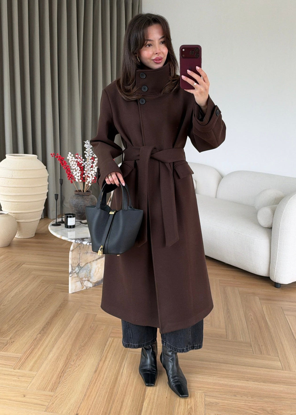 PREMIUM WOOL BELTED LONG COAT – CHOCOLATE BROWN
