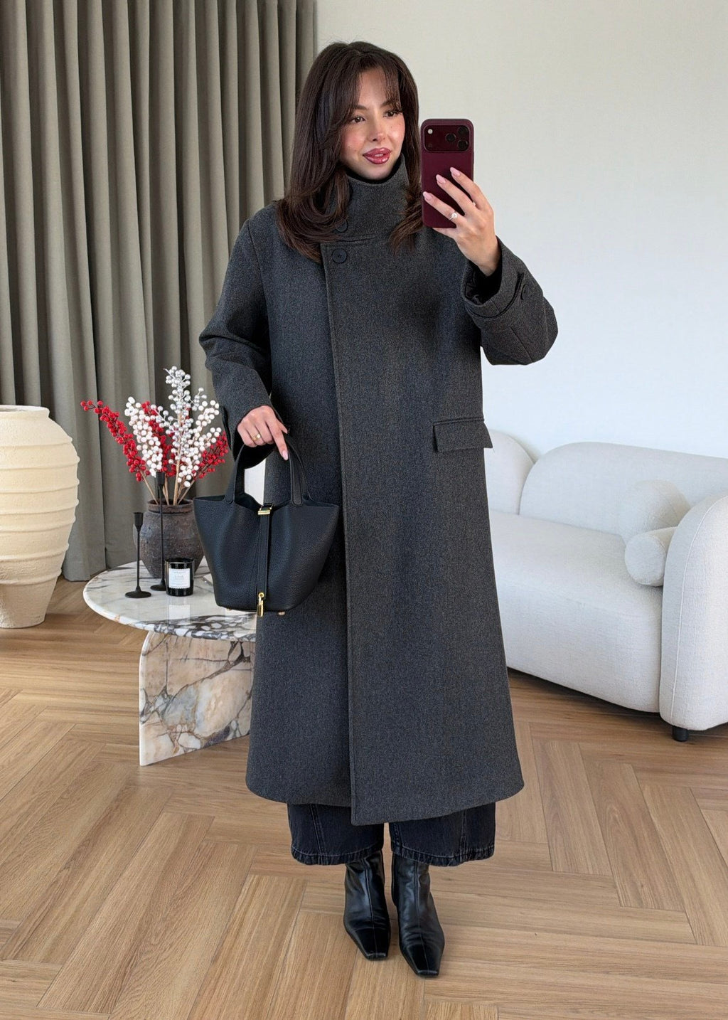 PREMIUM WOOL BELTED LONG COAT – ANTHRACITE