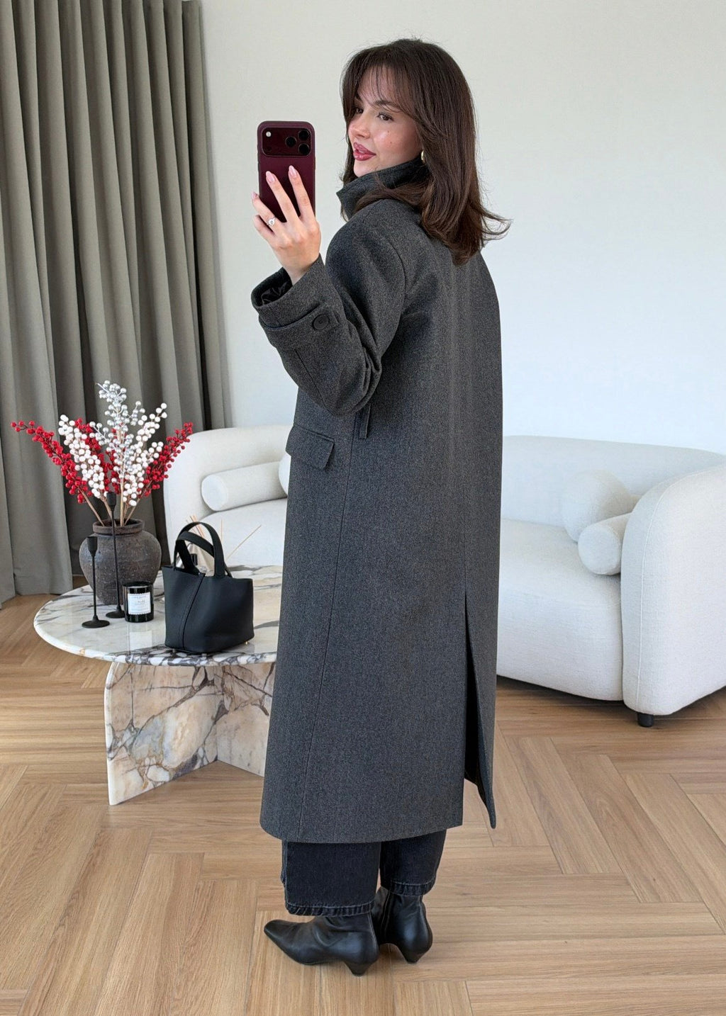 PREMIUM WOOL BELTED LONG COAT – ANTHRACITE
