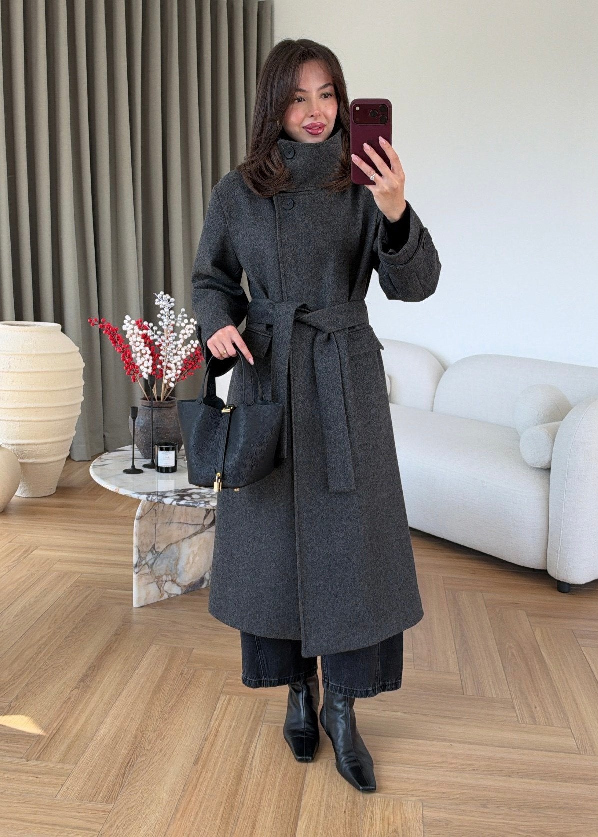 PREMIUM WOOL BELTED LONG COAT – ANTHRACITE