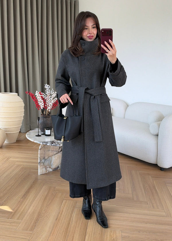 PREMIUM WOOL BELTED LONG COAT – ANTHRACITE