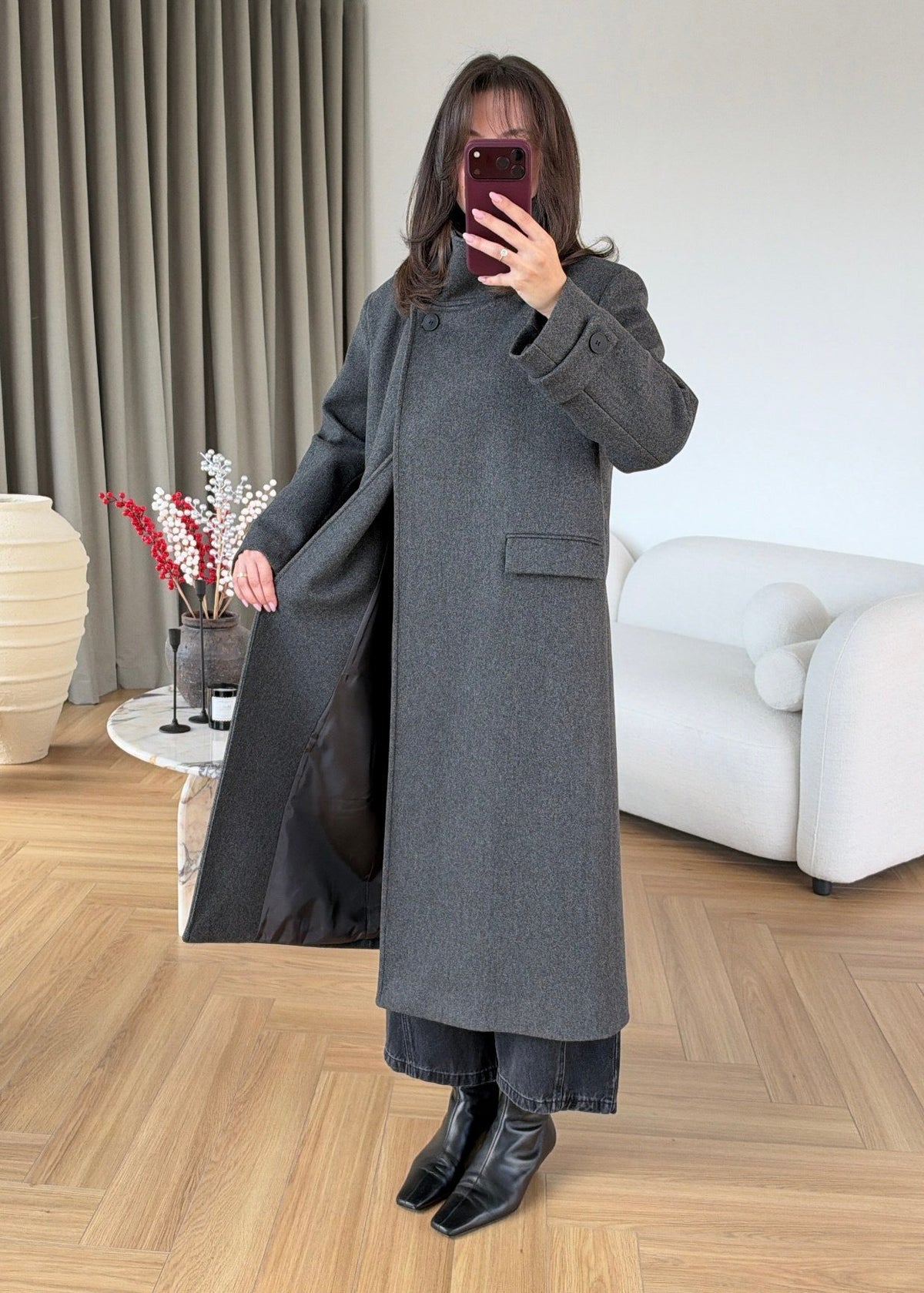 PREMIUM WOOL BELTED LONG COAT – ANTHRACITE
