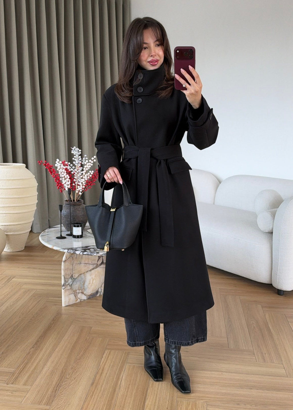 PREMIUM WOOL BELTED LONG COAT – BLACK