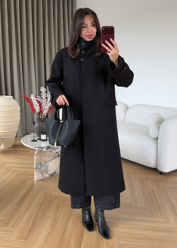 PREMIUM WOOL BELTED LONG COAT – BLACK