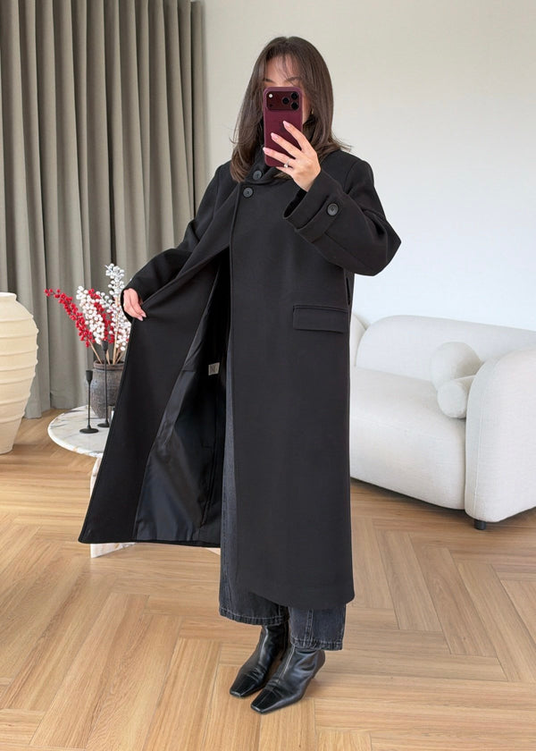PREMIUM WOOL BELTED LONG COAT – BLACK