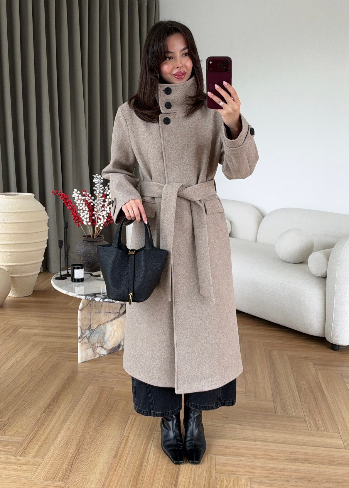 PREMIUM WOOL BELTED LONG COAT – STONE BEIGE