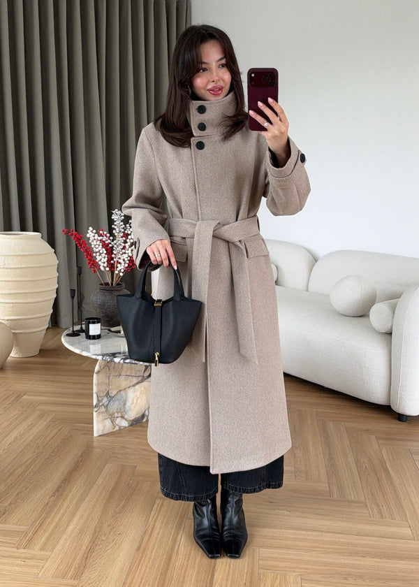 PREMIUM WOOL BELTED LONG COAT – STONE BEIGE