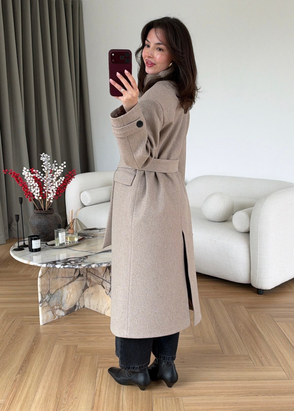 PREMIUM WOOL BELTED LONG COAT – STONE BEIGE
