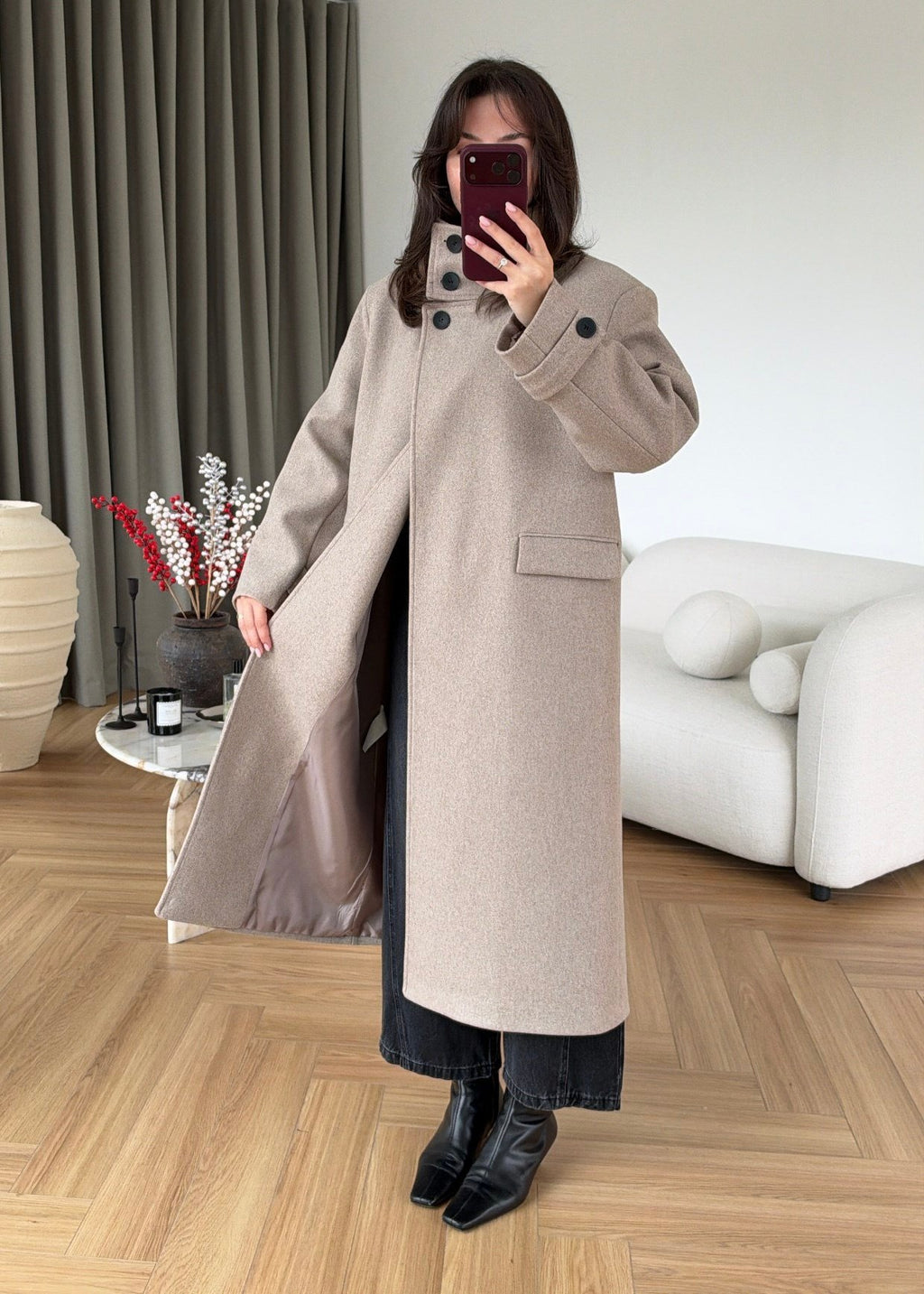 PREMIUM WOOL BELTED LONG COAT – STONE BEIGE