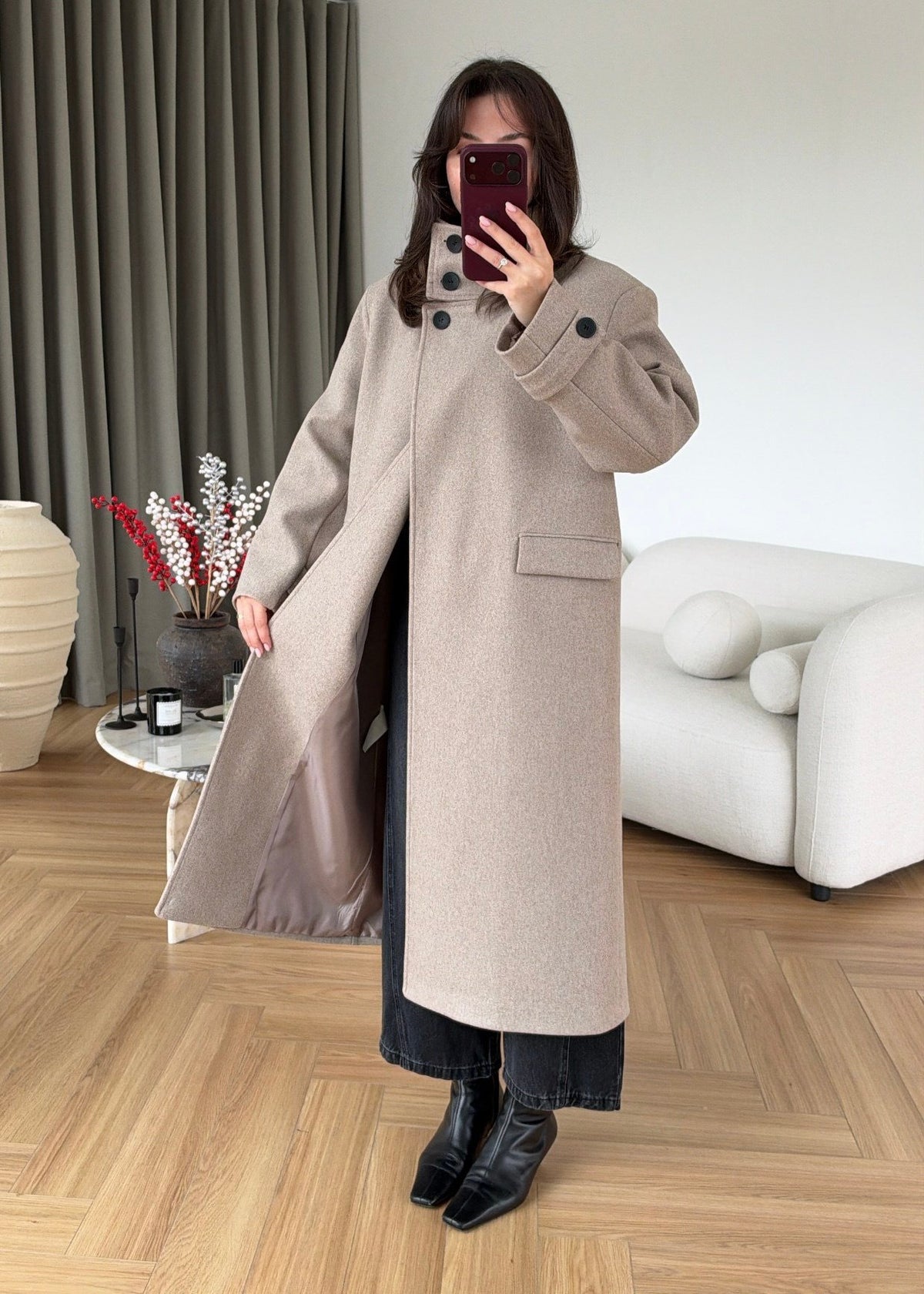 PREMIUM WOOL BELTED LONG COAT – STONE BEIGE