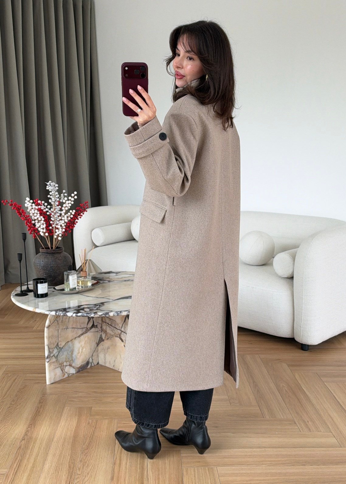 PREMIUM WOOL BELTED LONG COAT – STONE BEIGE
