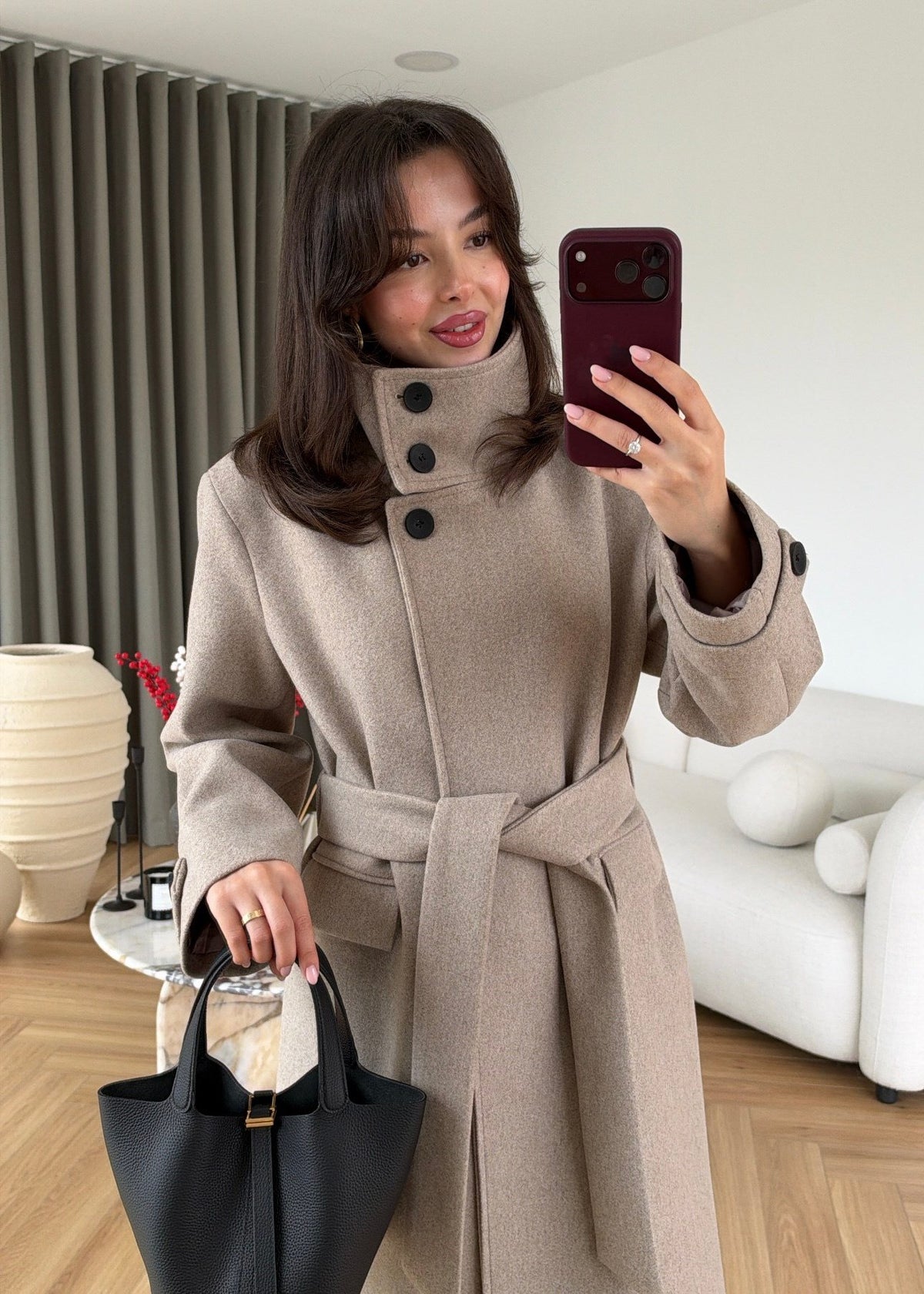PREMIUM WOOL BELTED LONG COAT – STONE BEIGE