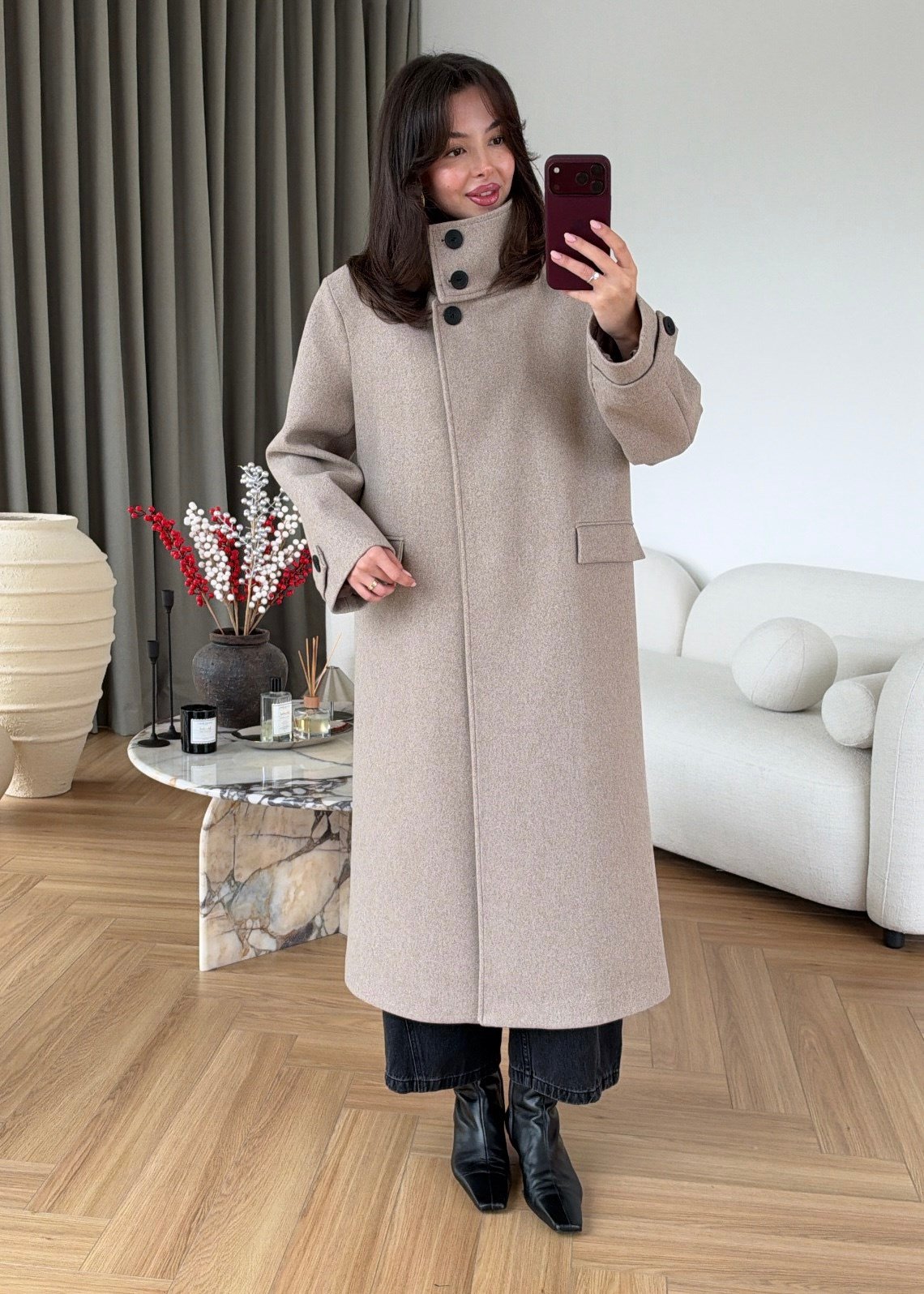 PREMIUM WOOL BELTED LONG COAT – STONE BEIGE