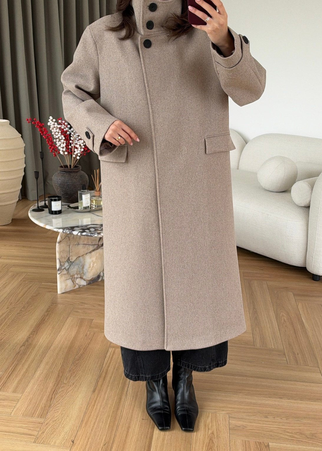 PREMIUM WOOL BELTED LONG COAT – STONE BEIGE