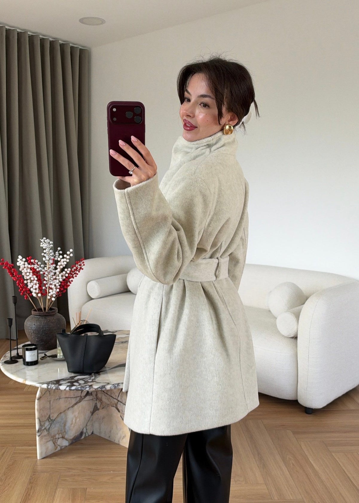 HIGH NECK BELTED WOOL COAT – STONE