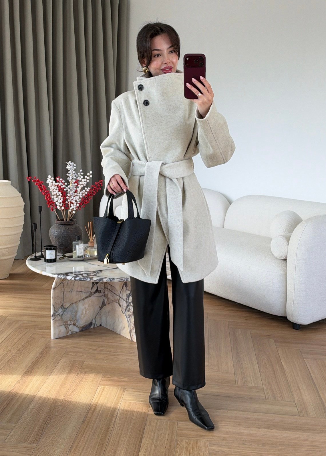 HIGH NECK BELTED WOOL COAT – STONE