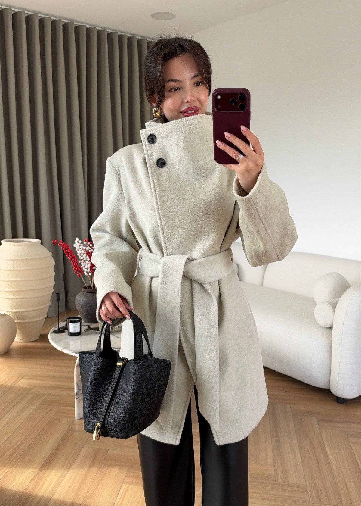 HIGH NECK BELTED WOOL COAT – STONE